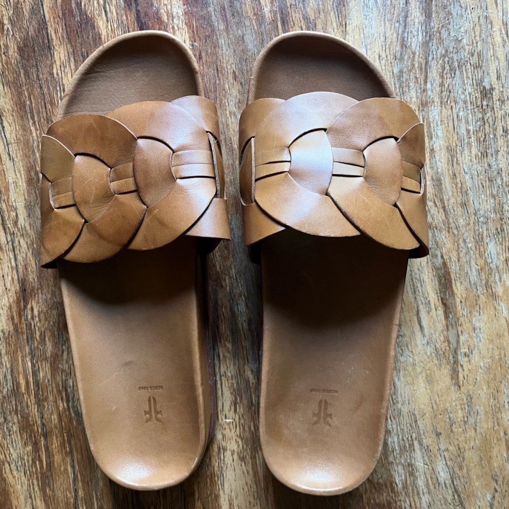 Frye Tan Leather Woven Slide Sandals